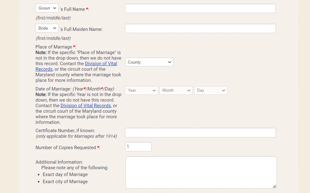 Screenshot of the Maryland Certified Marriage Certificate online order form with fields for the names of the bride and groom, place and date of marriage, certificate number, number of copies, and additional information.