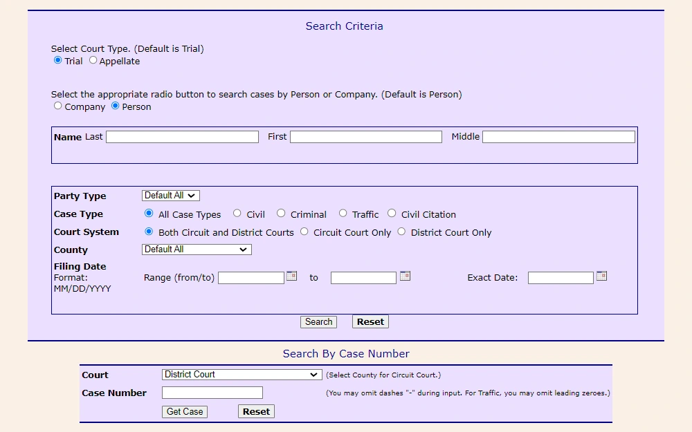 Screenshot of Maryland Judiciary Case Search Criteria with fields for name, party type, case type, court system, county, filing date, and case number search, which only requires the case number and court name.