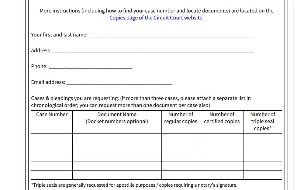 Screenshot of the Montgomery County Circuit Court copy request form with fields for name, address, phone number, email address, case number, document name, and number of regular, certified, and triple seal copies.