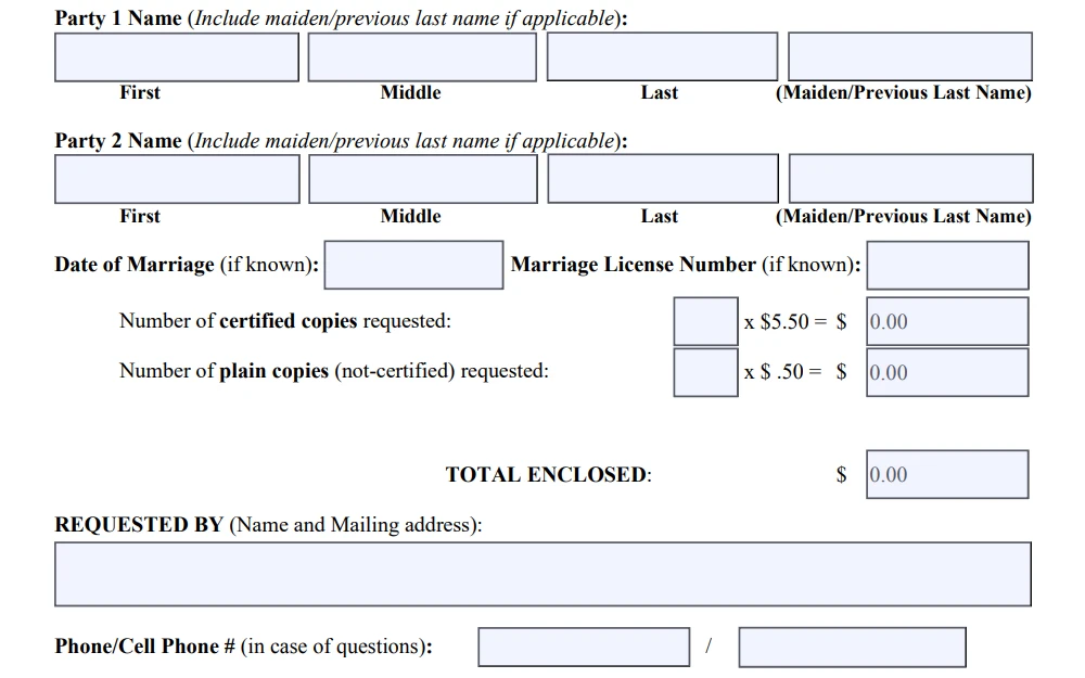 Screenshot of a marriage record copy request form with fields for the names of both spouses, date of marriage, marriage license number, number of plain and certified copies requested, and the requester's name and contact information.