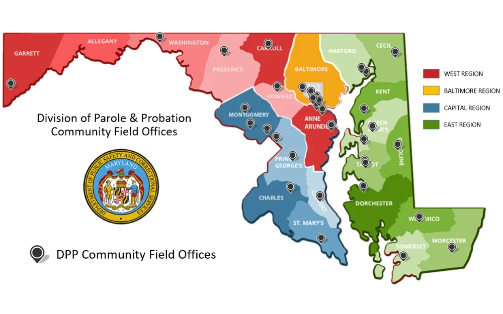 Screenshot of a color-coded map showing Parole and Probation Regional and Field Offices using location tags, with the west region coded in red, the Baltimore region coded in yellow, the capital region coded in blue, and the east region coded in green.