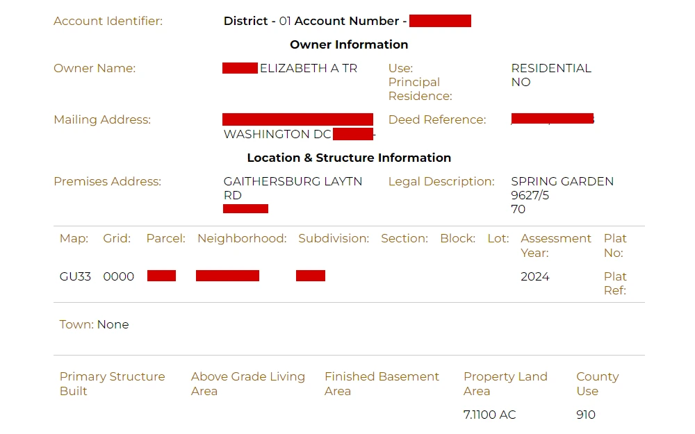 Screenshot of real property data search results showing account information, including account number, owner name, mailing address, use type, deed reference, premises address, legal description, assessment year, land area, and county use.