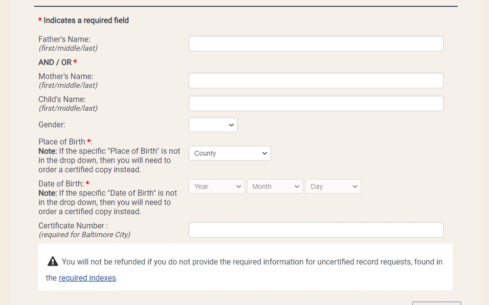 Screenshot of the Maryland Uncertified Birth Certificate online order form with fields for the names of the parents and child, gender, place and date of birth, and certificate number.