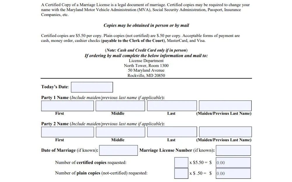 Screenshot of a copy request form displaying fields to fill such as names of both parties, marriage date and license number, and number of copies being requested.
