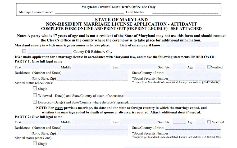 Screenshot of the non-resident application-affidavit form showing fields for marriage details, and information of both parties.