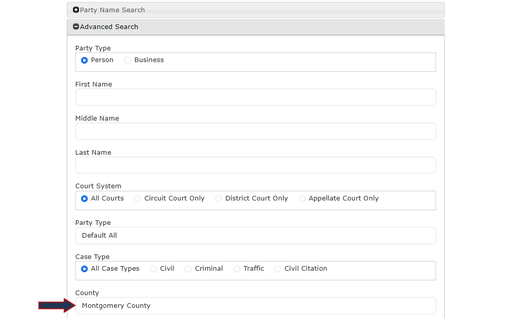 A screenshot of the advanced search feature of the Maryland Judiciary case search tool displaying the following filters: first name, middle name, last name, court system, party type, case type, and county in which "Montgomery" is selected.