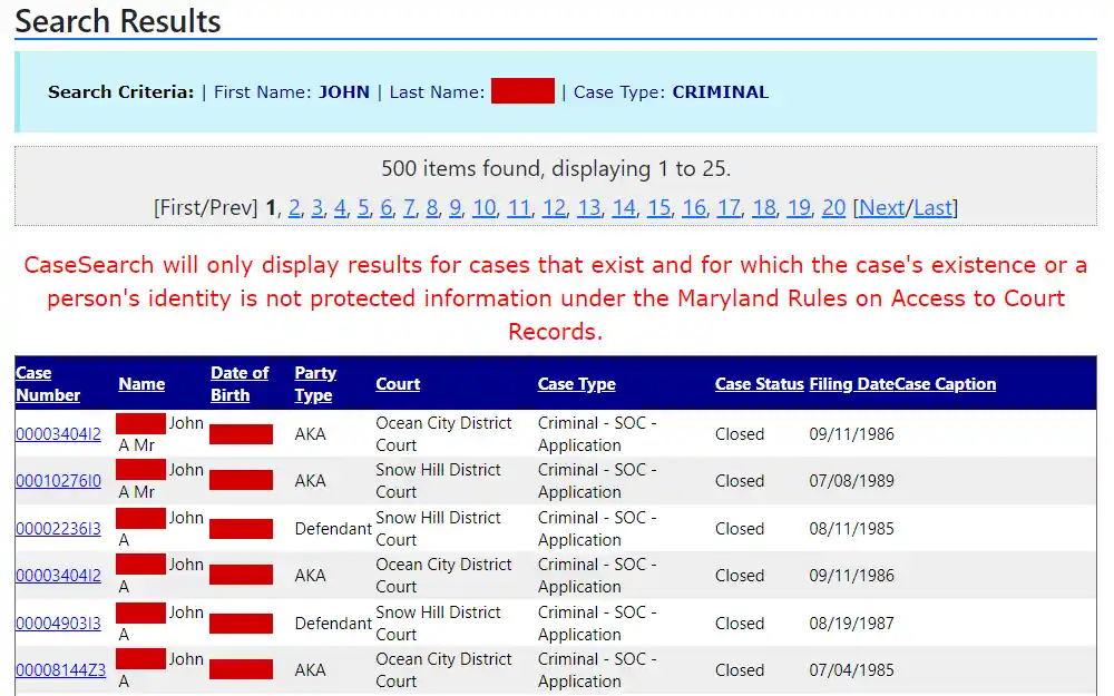 A screenshot of a statewide search result from Maryland Judiciary Case Search listing the following details: case number, name, birthday, party type, court, case type, case status, filing date, and case caption, if available.