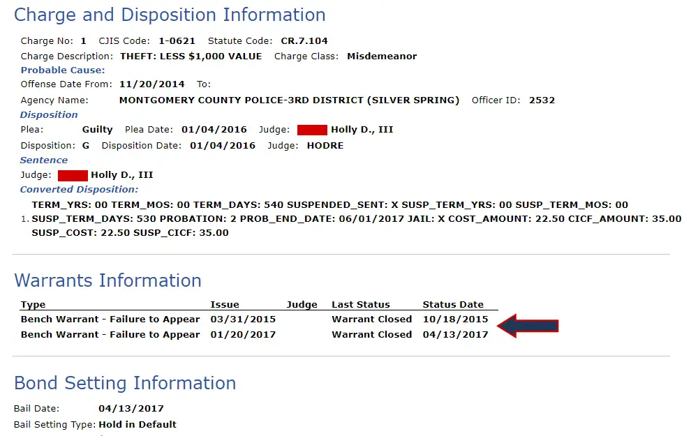 A screenshot of an offender's case detail, particularly the "charge and disposition," "warrants," and "bond setting" information sections, highlighting the contents of the warrants section with an arrow which is composed of the following: warrant type, issuance date, judge, last status, and status date.