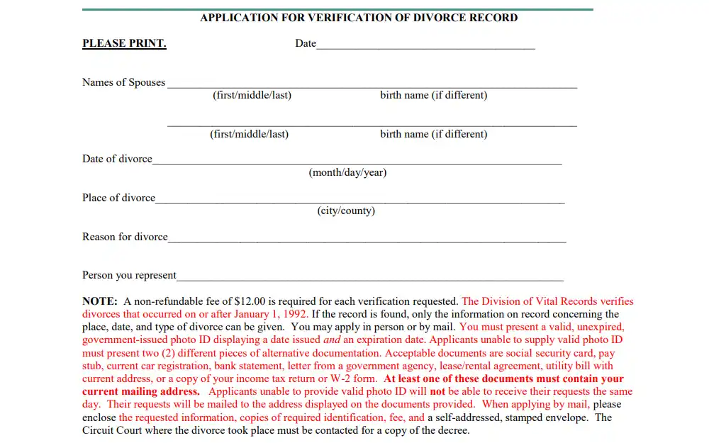 Screenshot of the divorce verification application form provided by the Maryland Department of Health, Division of Vital Records, with spaces provided for the date of request, names of spouses, place and date of divorce, reason for divorce, and the person the requester represents, followed by a note about the fees and requirements associated.