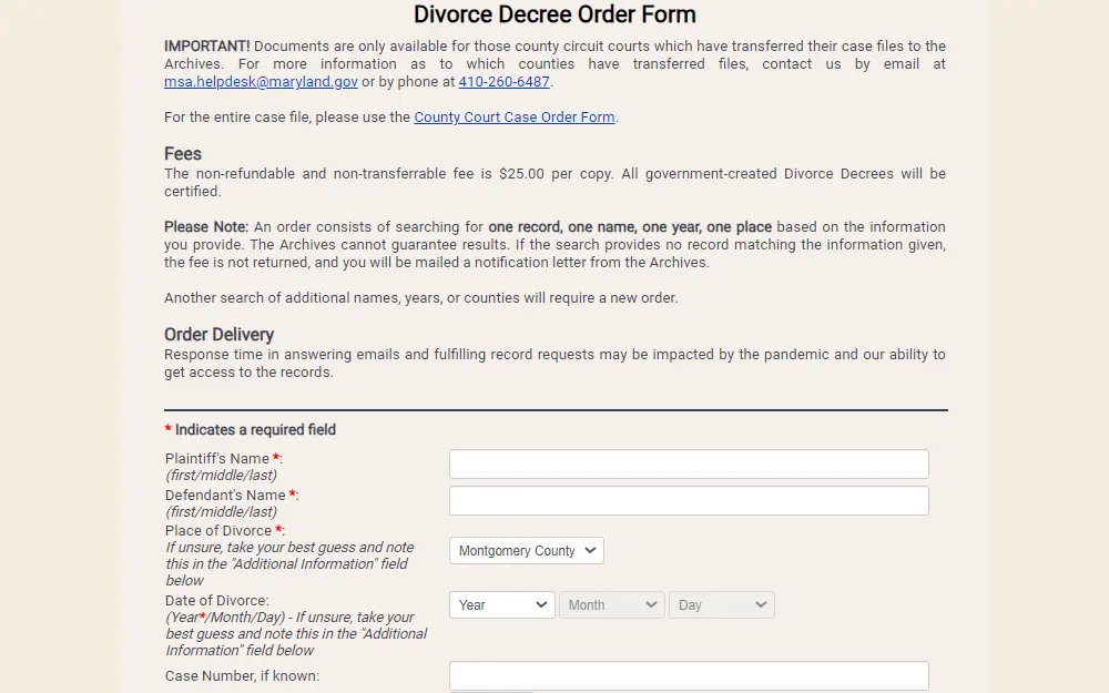 Screenshot taken from Maryland State Archives' order forms, displaying the form for divorce decree orders, starting with an important note about the availability of documents, associated fees, and order delivery, followed by the input fields for plaintiff and defendant's names, place of divorce, date of divorce, and case number.