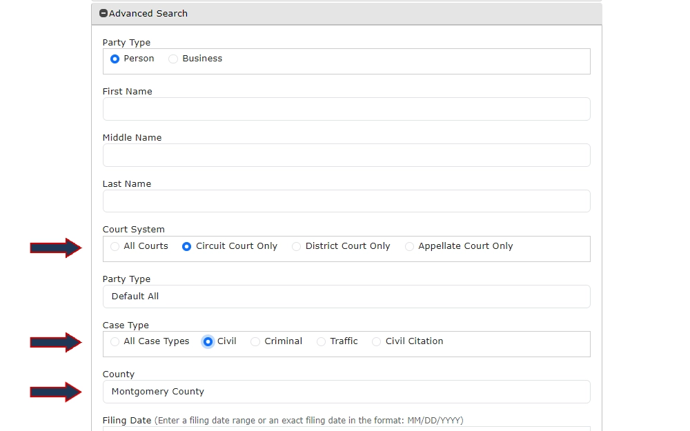 Screenshot of the advanced search feature of the Maryland Judiciary case search tool, displaying fields provided for party type, first name, middle name, last name, court system, case type, county, and filing date.