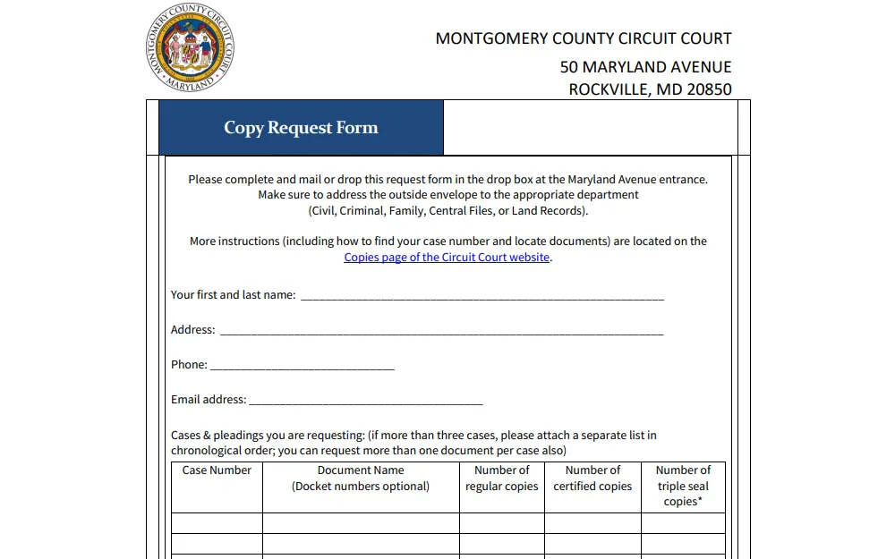 Screenshot of the copy request form from Montgomery County Circuit Court displaying an instruction for submission and fields for the requester's name, address, and contact information; and the case and pleadings being requested, including their case number, document name, and the number of regular, certified, and triple seal copies.