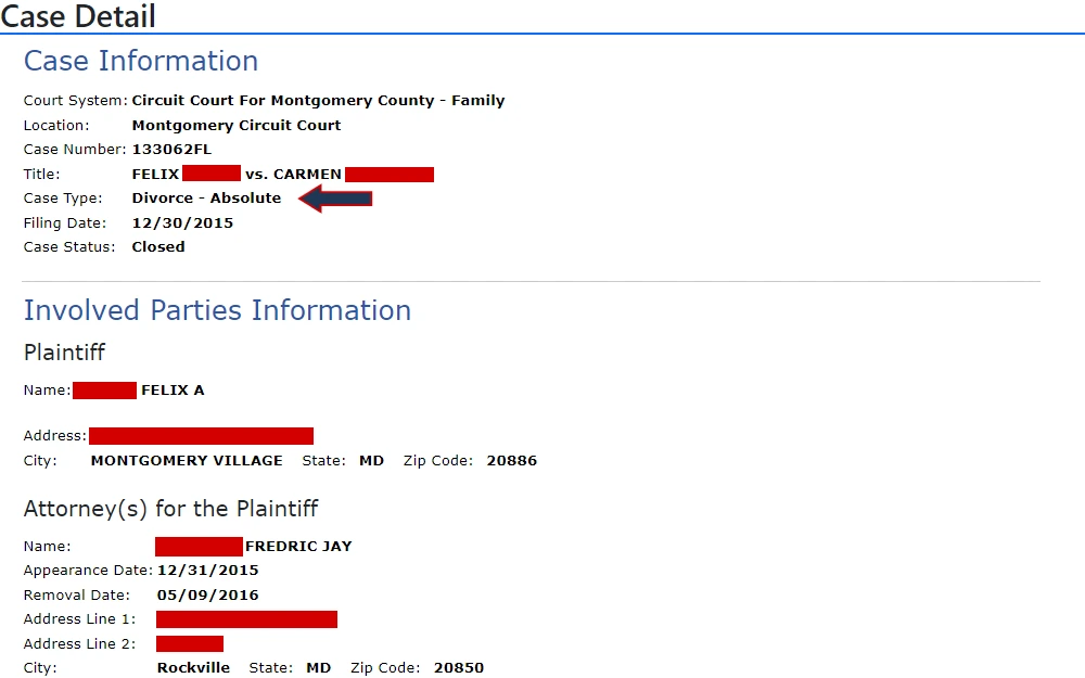 Screenshot of a divorce case detail from the Maryland Judiciary database, showing two out of the five sections: case information, including the court system, location, case number, title, case type, filing date, and case status; and party information, including the name and address of the plaintiff and the name, appearance date, removal date, and address of the attorney.