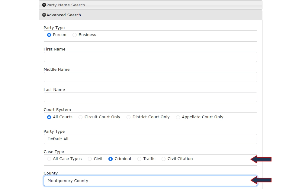 A screenshot of the Maryland Judiciary Case Search Criteria displays fields for the name, options for party type, case type, and court system, and a drop-down menu for the county.